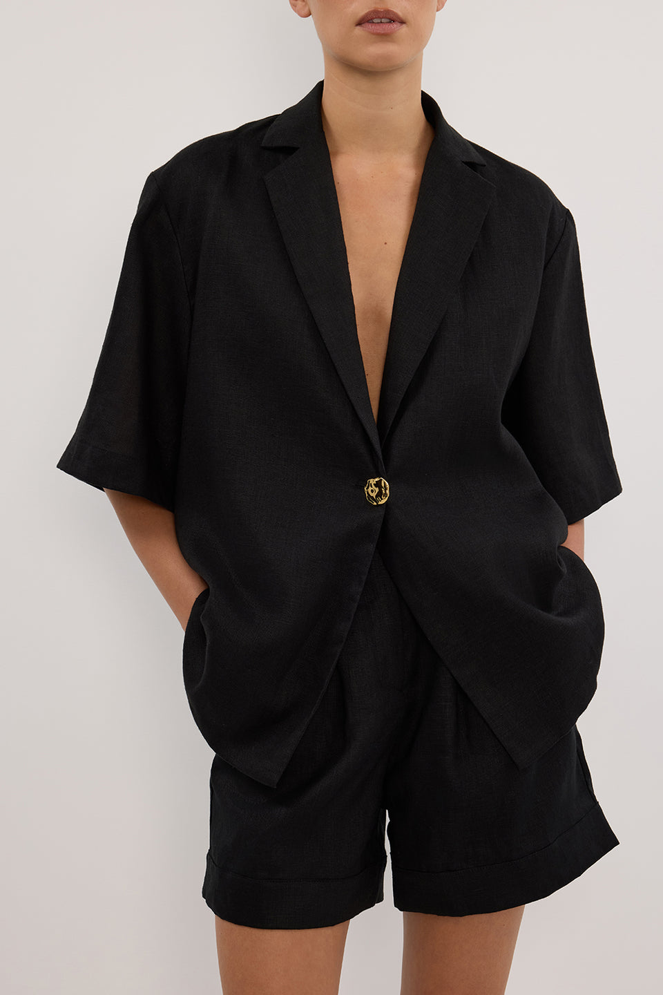 NALA BLACK LINEN RESORT SHIRT