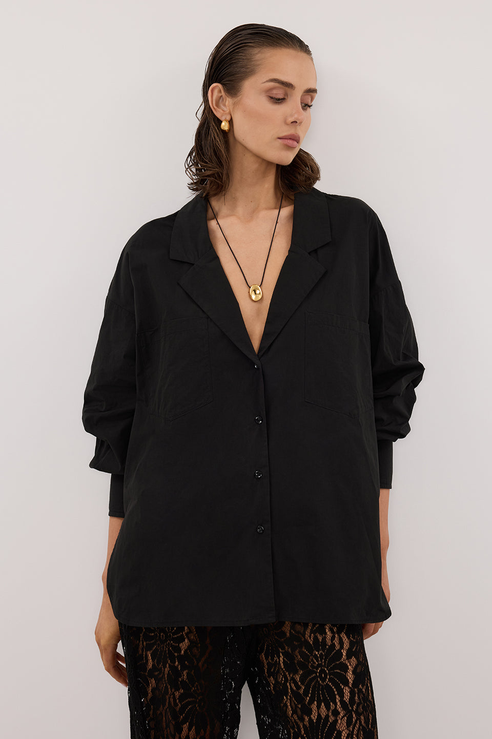 IRENE BLACK LONG SLEEVE NOTCH COLLAR SHIRT