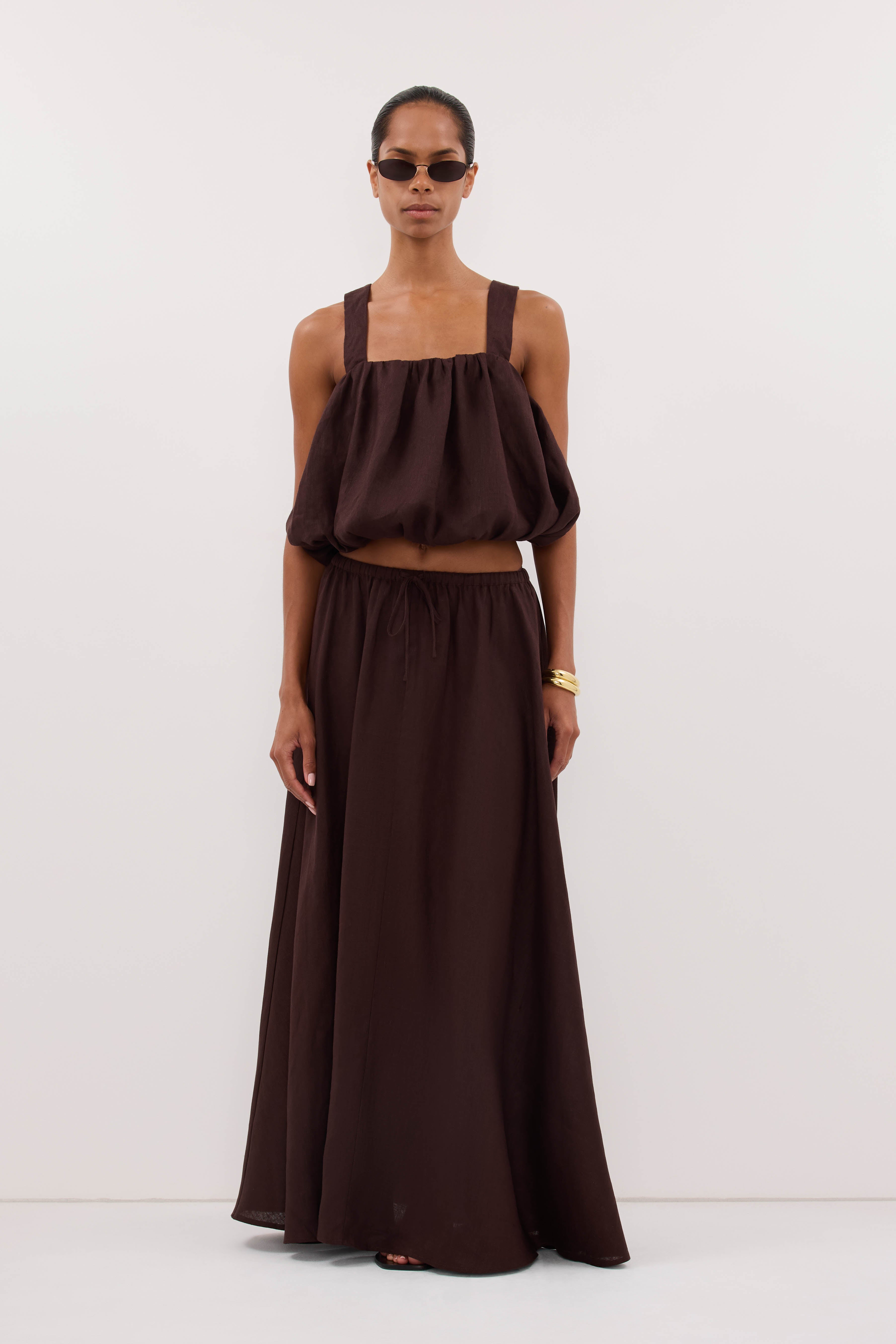 RAVELLO BURNT CHOC LINEN BUBBLE TOP – DISSH