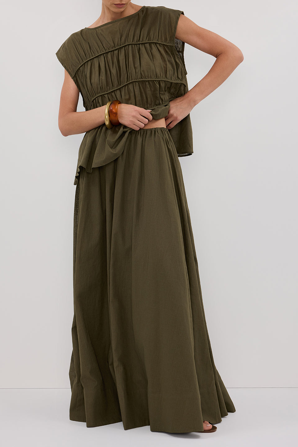 FLYNN OLIVE LINEN BLEND TIE MAXI SKIRT