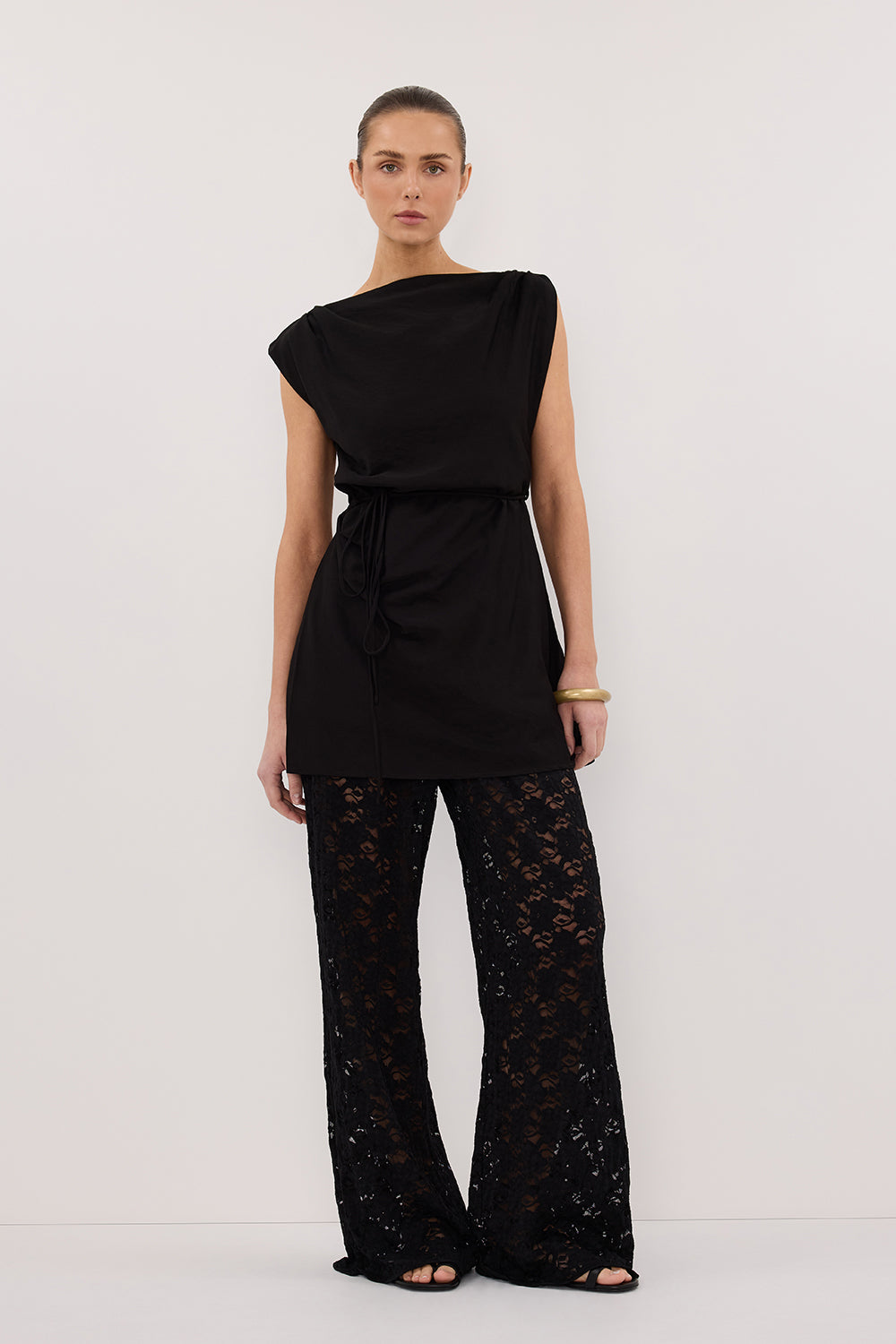 black lace dress pants Black Wide-Leg Pants - Sheer Waist Pants - Black Lace Waist Pants