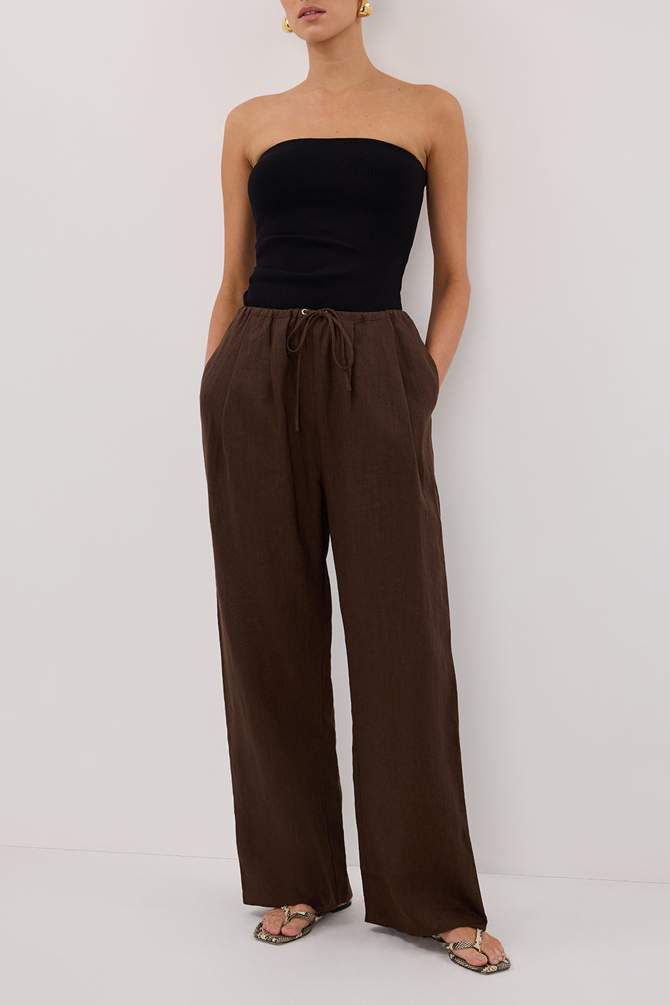 CARLA BITTER CHOC DRAWSTRING LINEN PANT