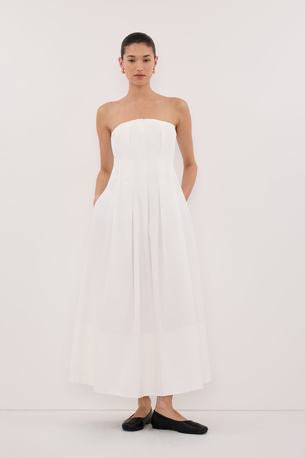 Lilly Cotton Strapless Midi Dress in White By DISSH Lilly Cotton Strapless Midi Dress in White By DISSH