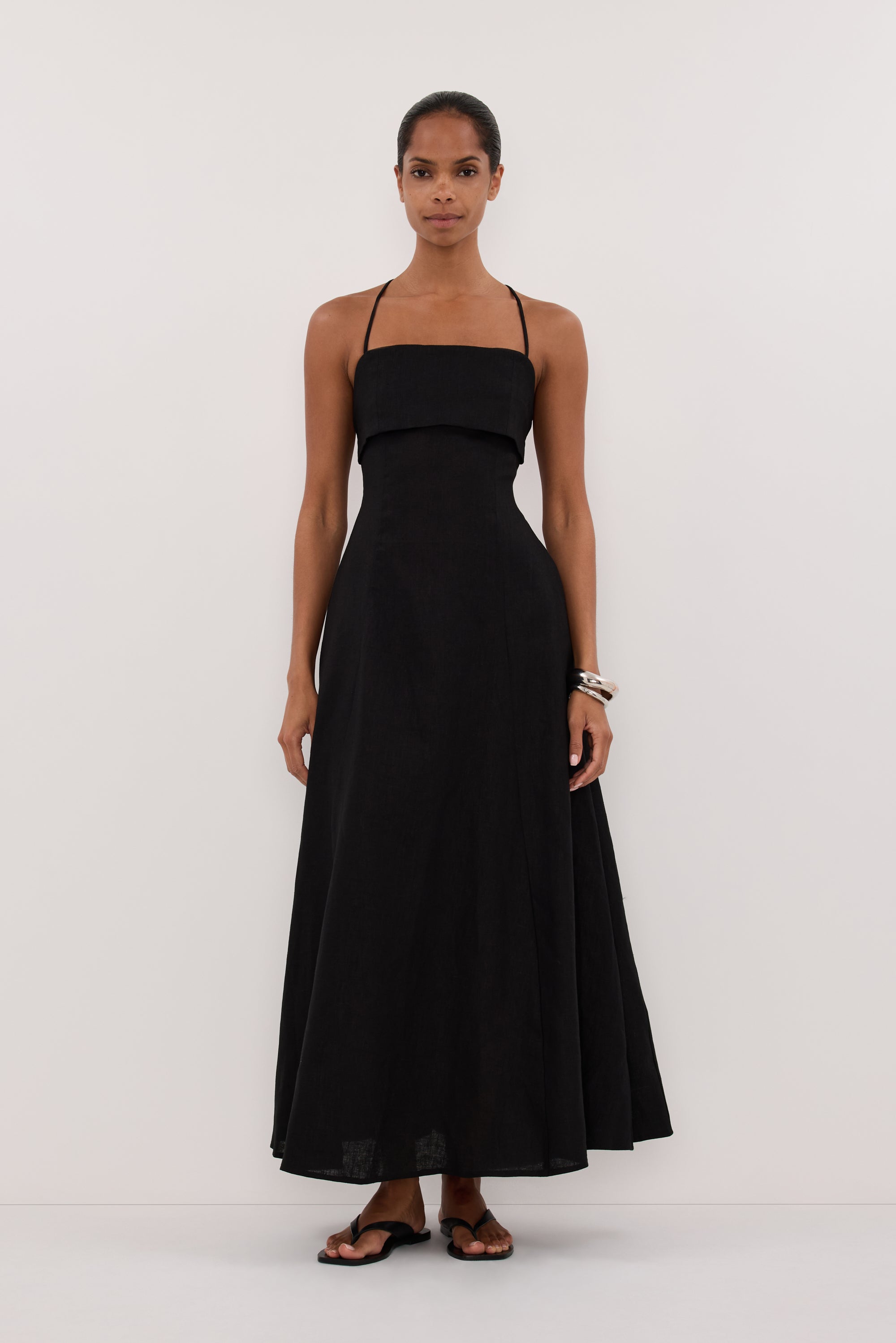 Daniella Linen Tie Back Sleeveless Midi Dress in Black By DISSH Daniella Linen Tie Back Sleeveless Midi Dress in Black By DISSH