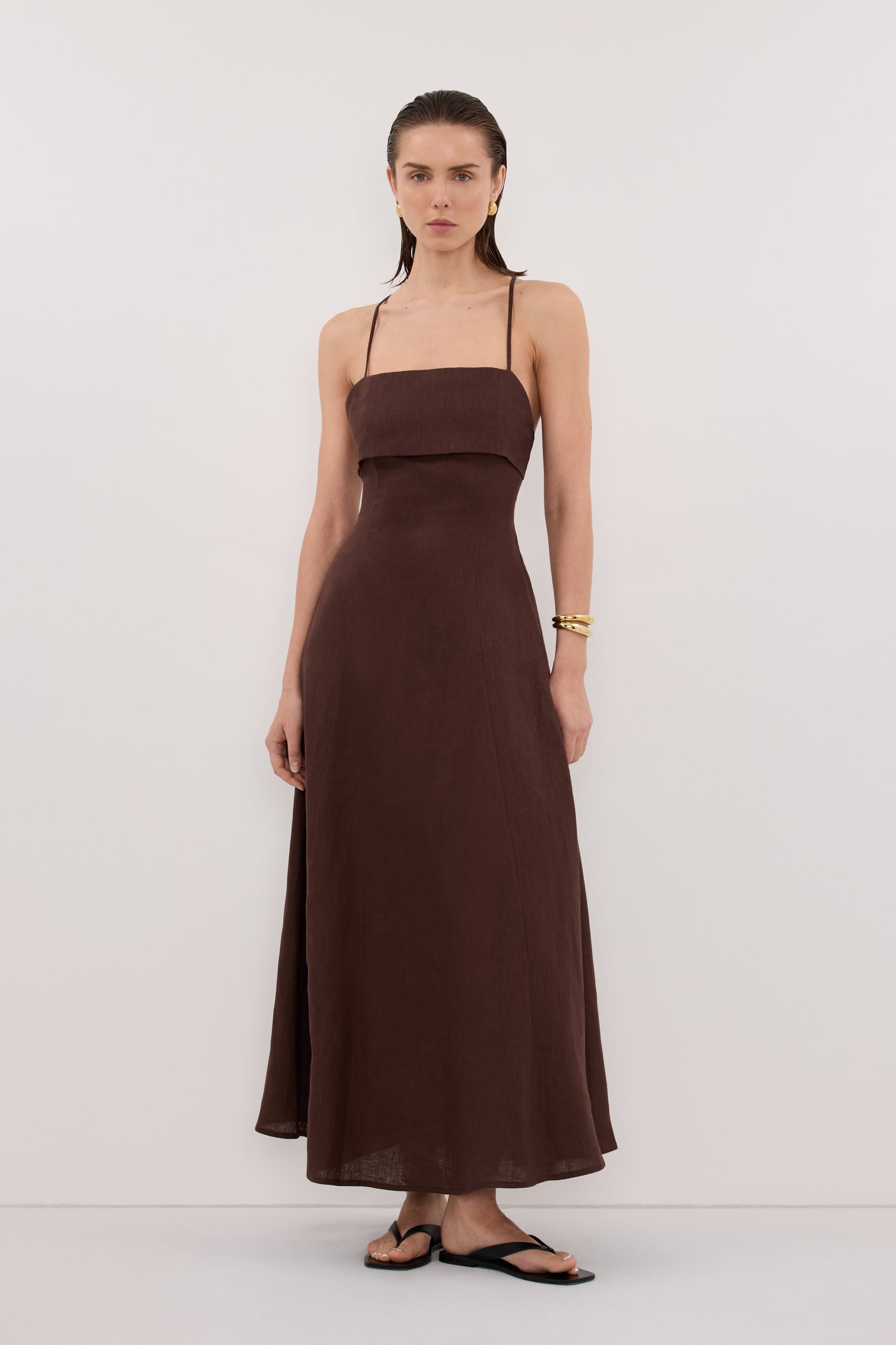 knee length dresses for ladies Daniella Linen Tie Back Sleeveless Midi Dress in Cocoa by Dissh