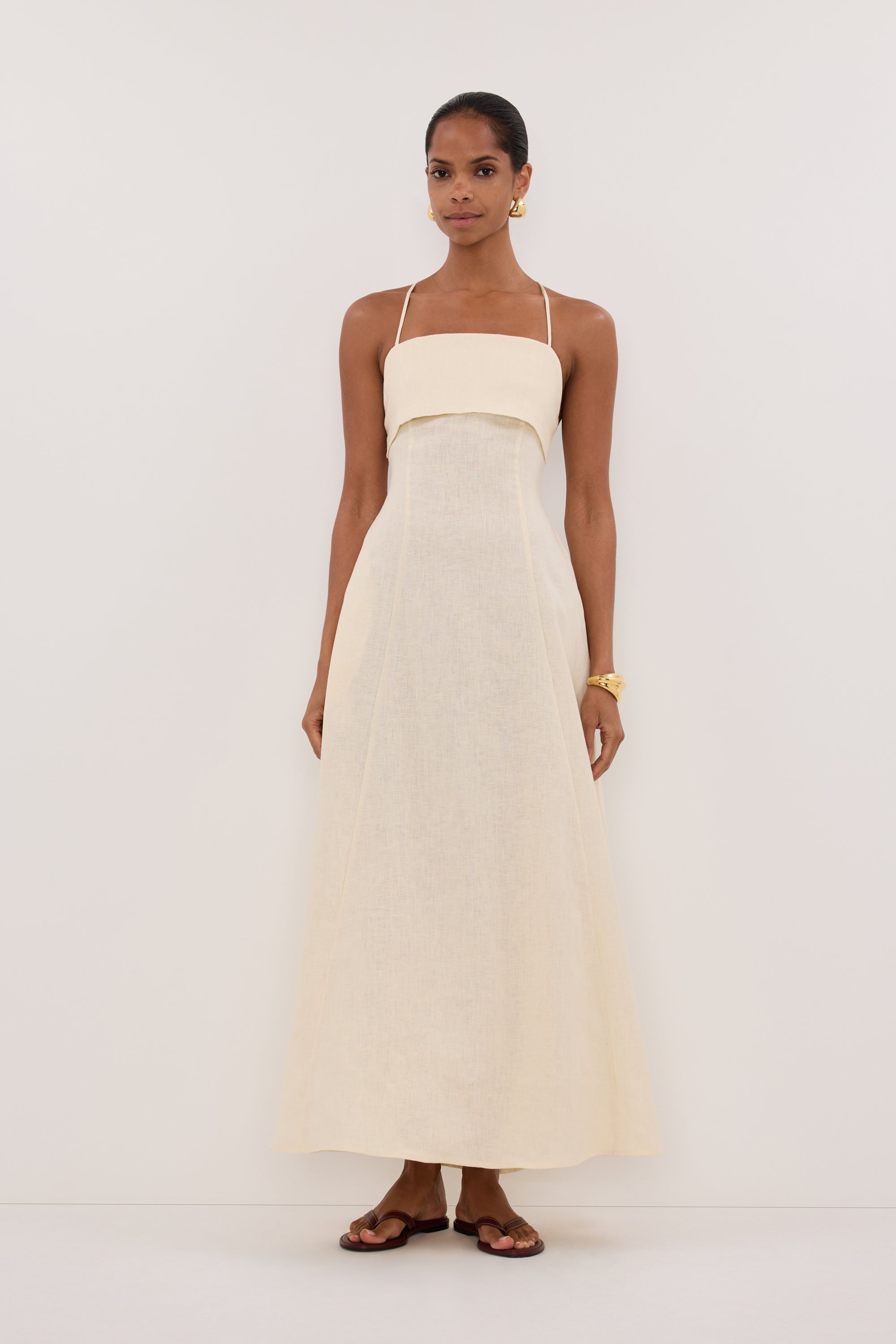 Daniella Linen Tie Back Sleeveless Midi Dress in Straw By DISSH Daniella Linen Tie Back Sleeveless Midi Dress in Straw By DISSH