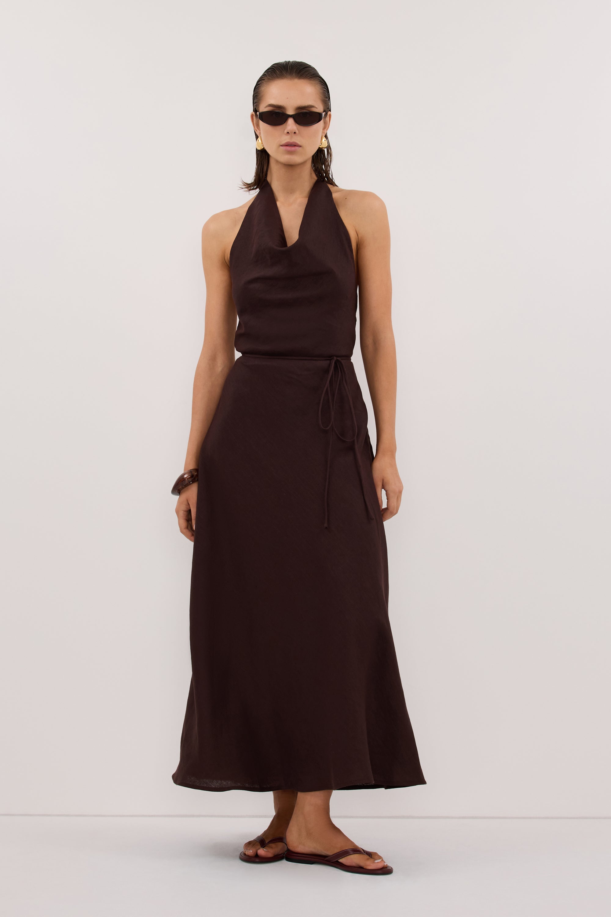 Haylee Sleeveless Linen Cowl Midi Dress in Burnt Choc By DISSH