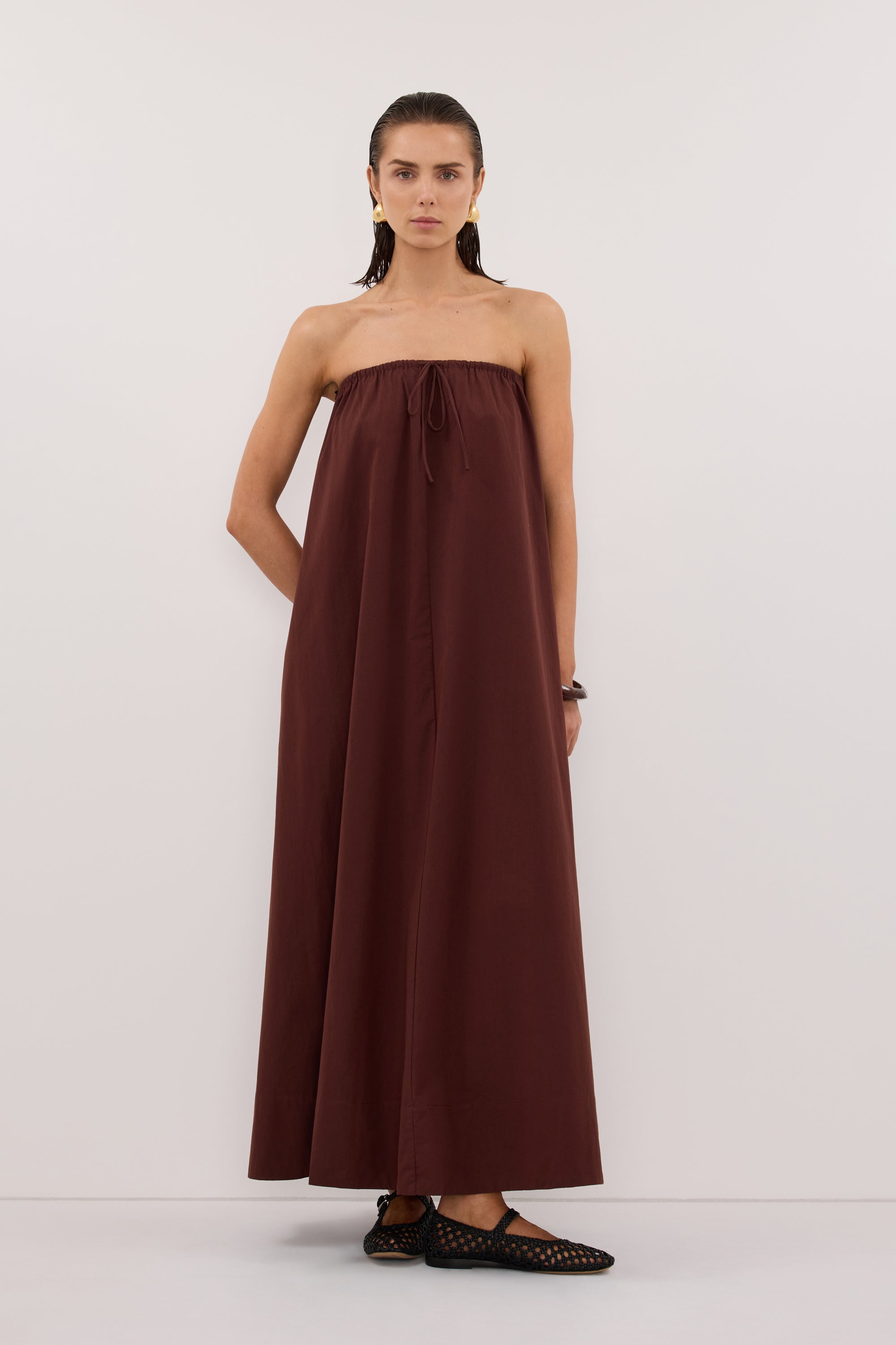 Sommer Strapless Poplin Midi Dress in Cinnamon By DISSH Sommer Strapless Poplin Midi Dress in Cinnamon By DISSH