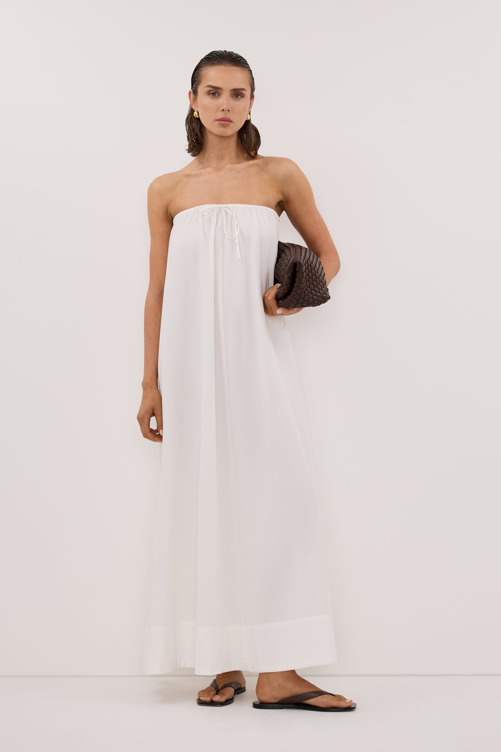 strapless poplin midi dress Sommer Strapless Poplin Midi Dress in White By DISSH