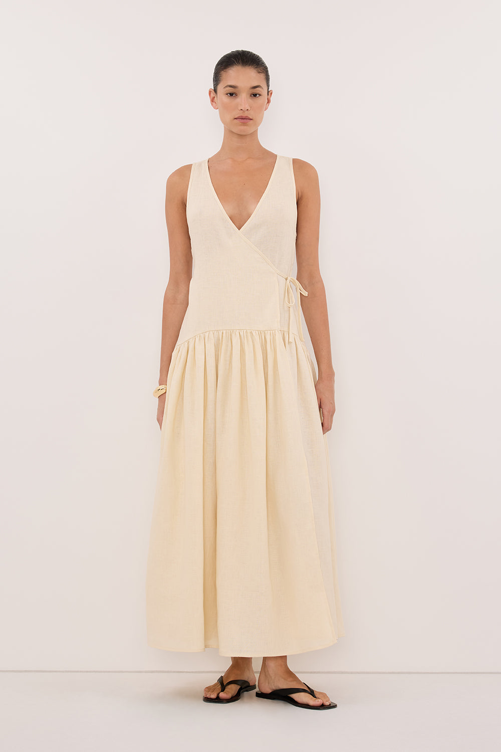 ILIO STRAW LINEN WRAP MIDI DRESS