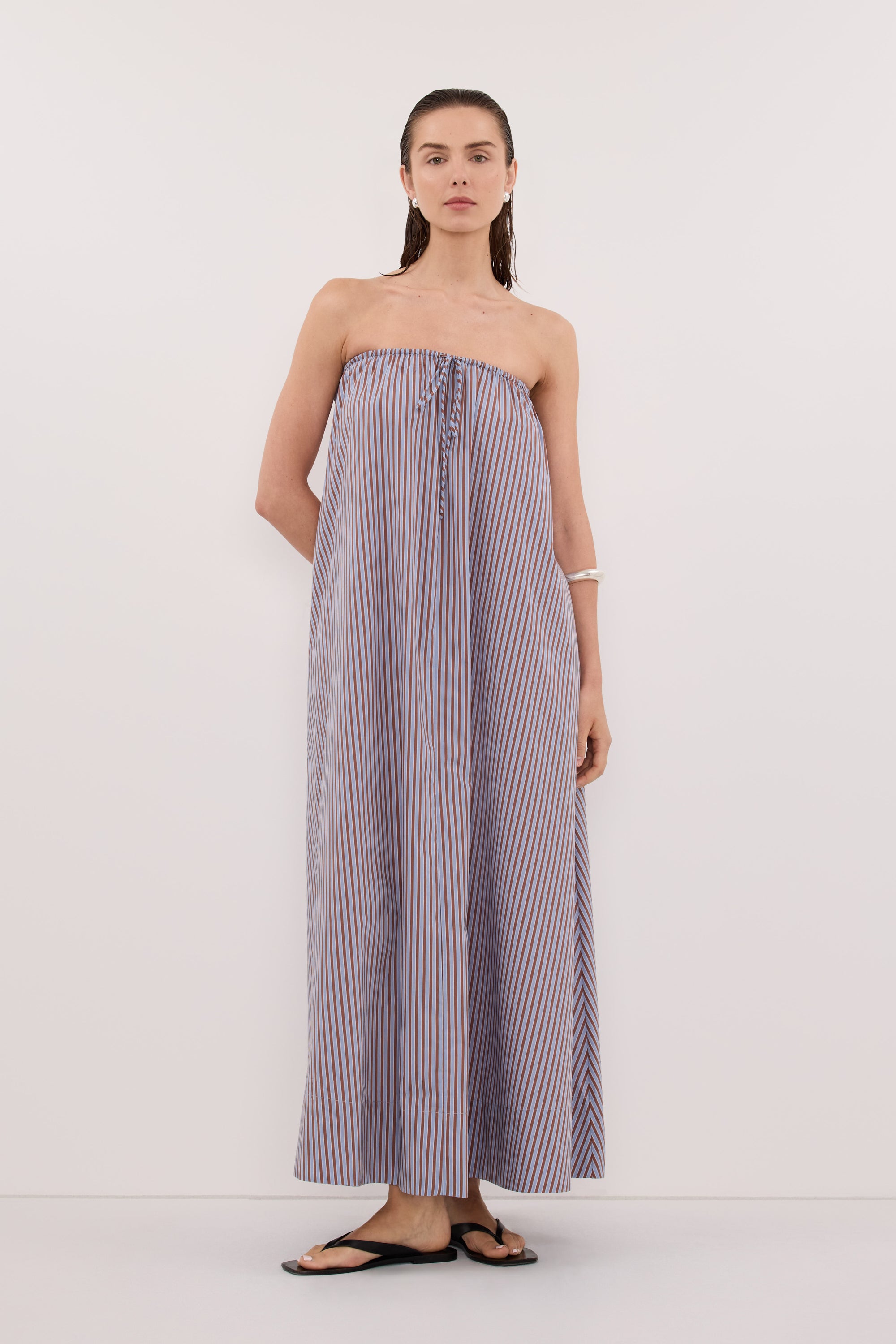 knee length dresses for ladies Harri Strapless Midi Dress in Stripe by Dissh