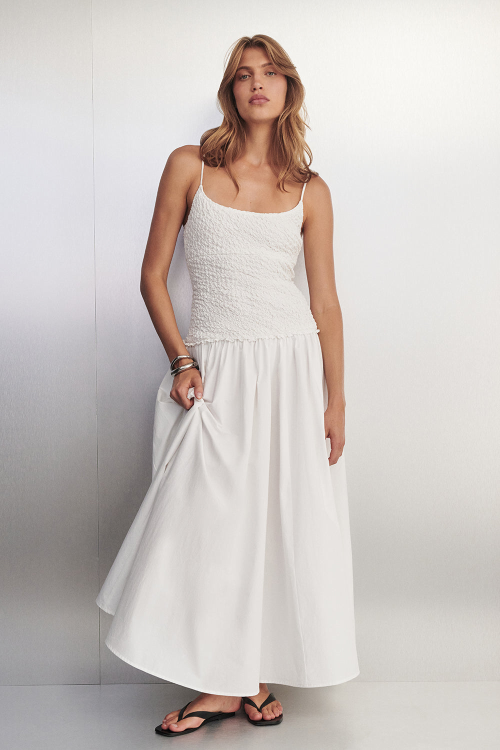 dissh drop waist white dress Meg Sleeveless Knit Midi Dress in Off White By DISSH