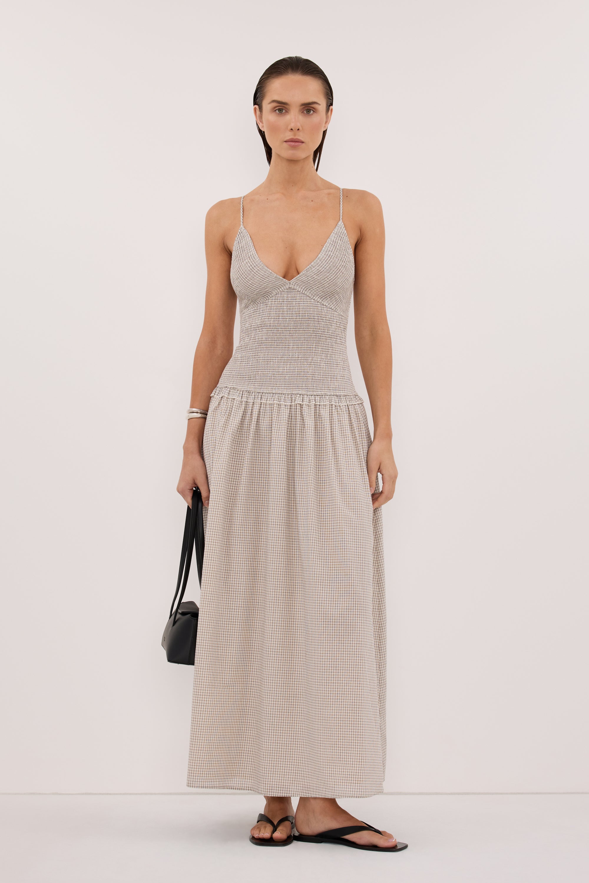 DISSH LILITH CREAM CHECK MIDI DRESS