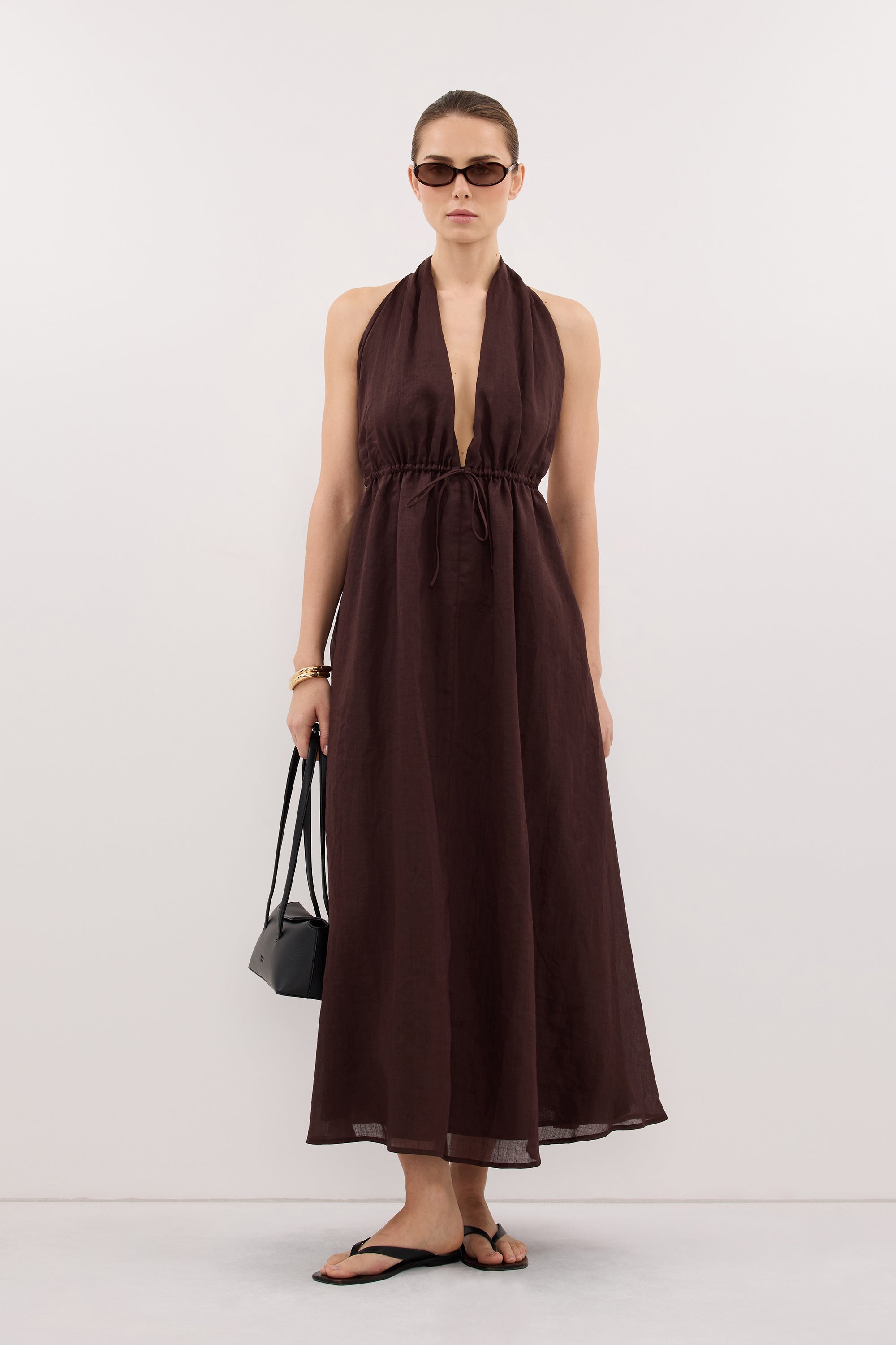 ramie halter midi dress Sammi Sleeveless in Burnt Choc By DISSH Bardot