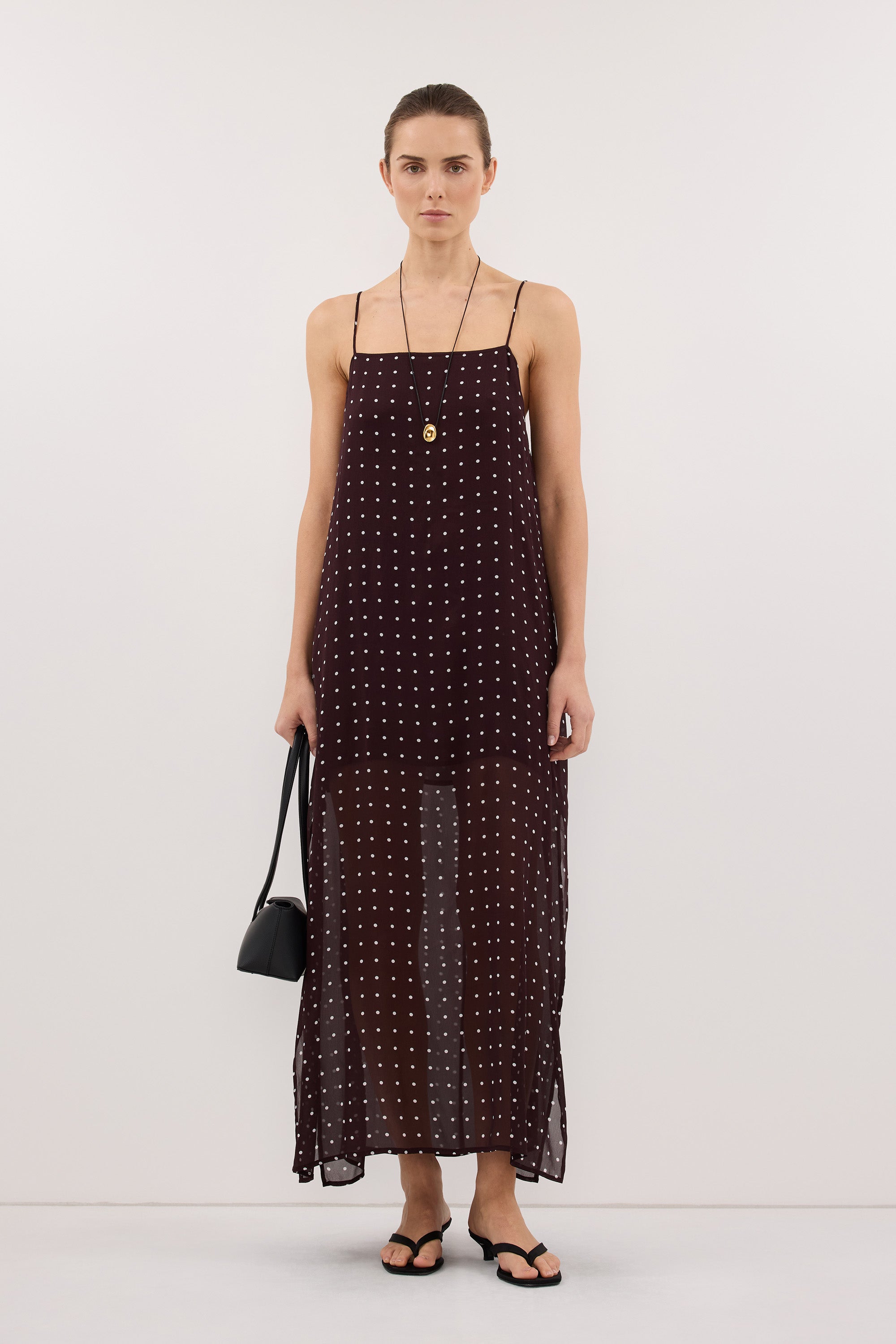 midi dress vanessa Sleeveless in Bitter Chocolate By DISSH Color:Apricot blouse Black Leather Shoes For Effortless elegance meets playful _sale_SAVE_78%