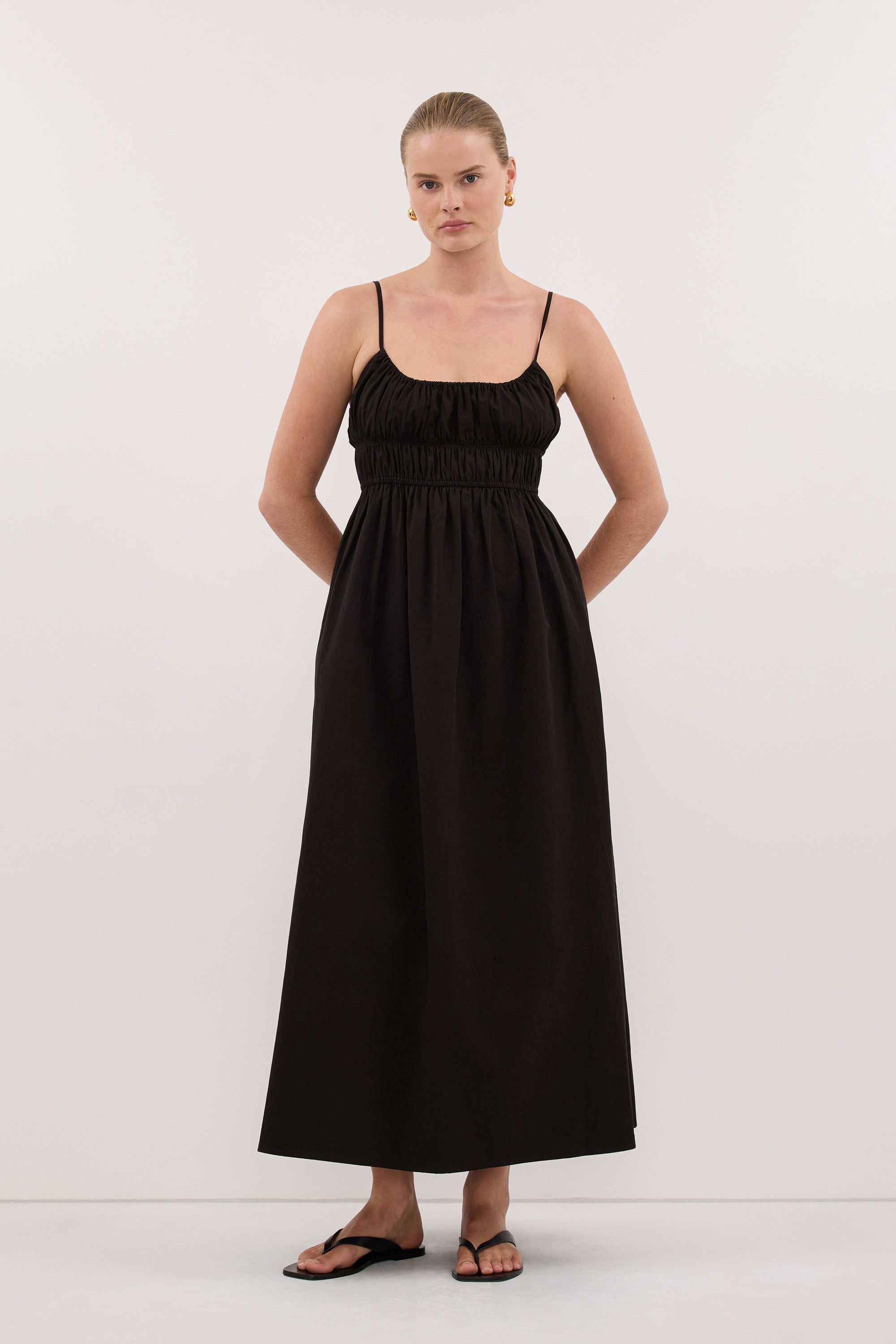 black cotton midi dress Zahara Cotton Sleeveless Midi Dress in Black By DISSH