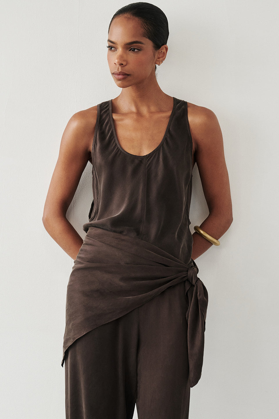 PERCY BITTER CHOC SILK SCARF TOP