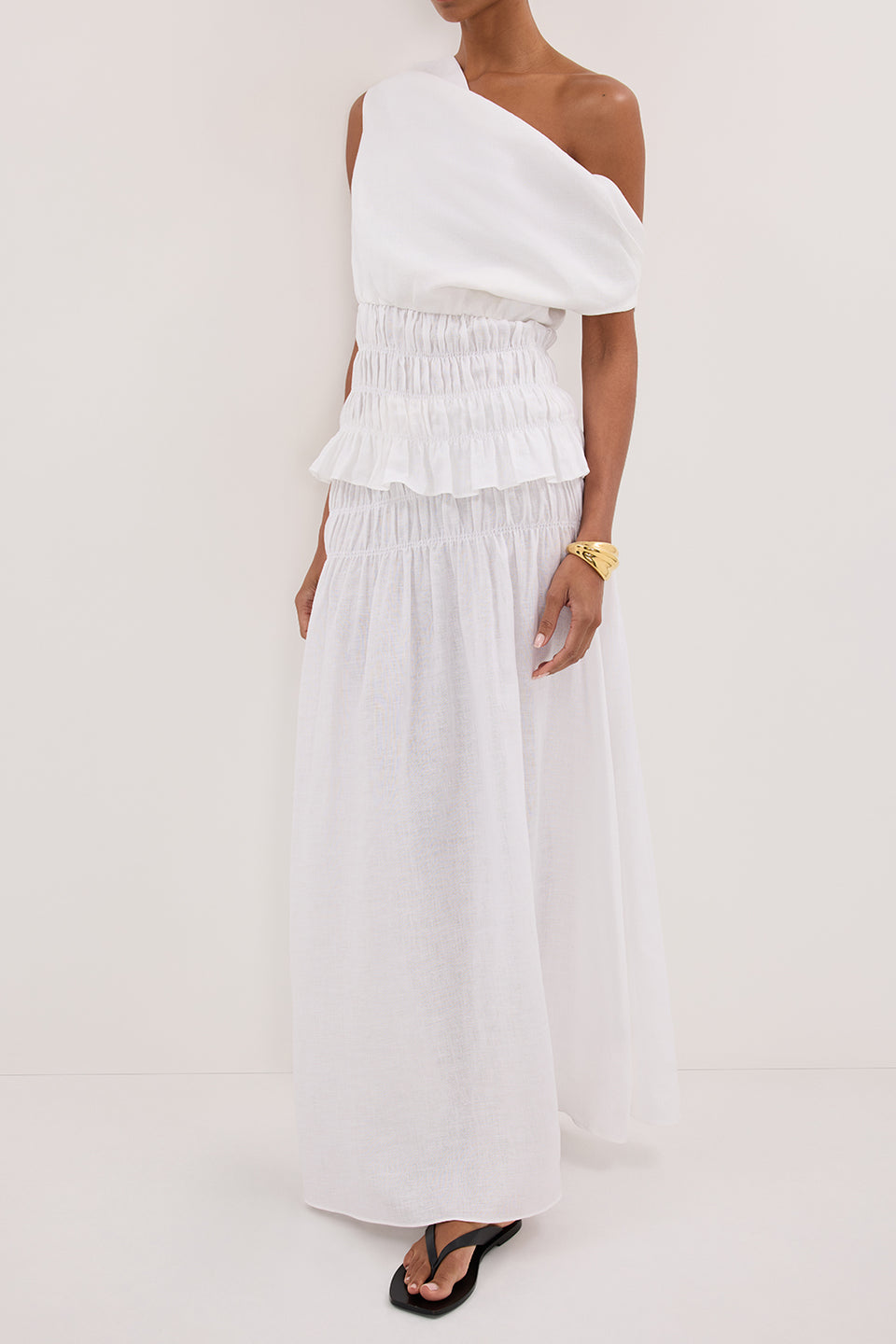 MAIA WHITE LINEN SHIRRED MIDI SKIRT