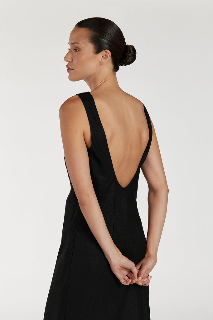 LYRA BLACK LINEN MIDI DRESS Dissh