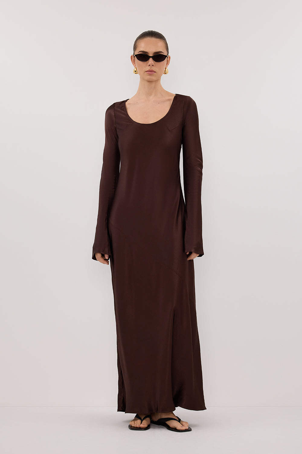 knee length dresses for ladies Eloise Long Sleeve Satin Midi Dress in Bitter Chocolate by Dissh