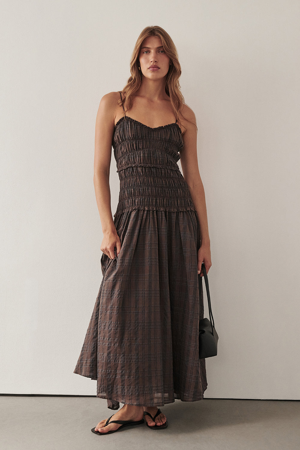 Petra Check Sleeveless Midi Dress in Chocolate By DISSH Petra Check Sleeveless Midi Dress in Chocolate By DISSH