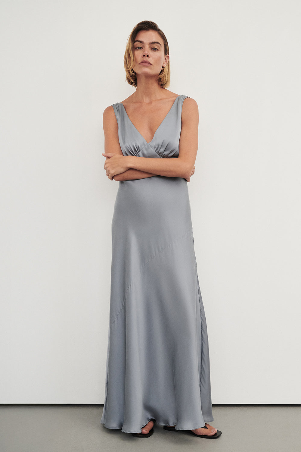 Mila Silk Sleeveless Midi Dress in Dusty Blue By DISSH Mila Silk Sleeveless Midi Dress in Dusty Blue By DISSH