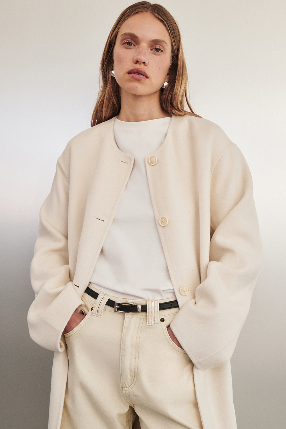 greta maxi dress beige Greta Collarless Wool Blend Coat in Off White By DISSH