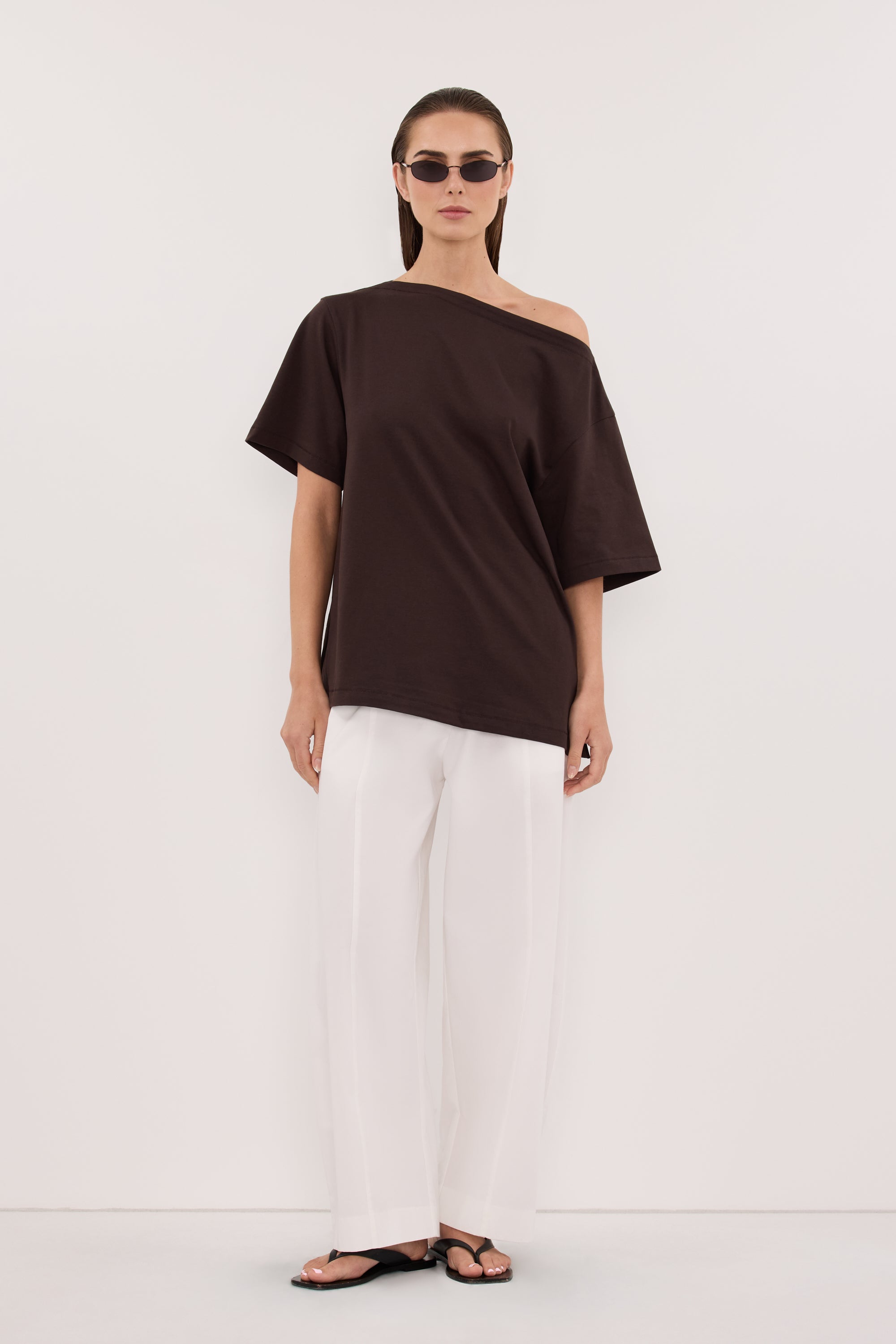 ESME BITTER CHOC ASYM BOAT NECK TEE – DISSH