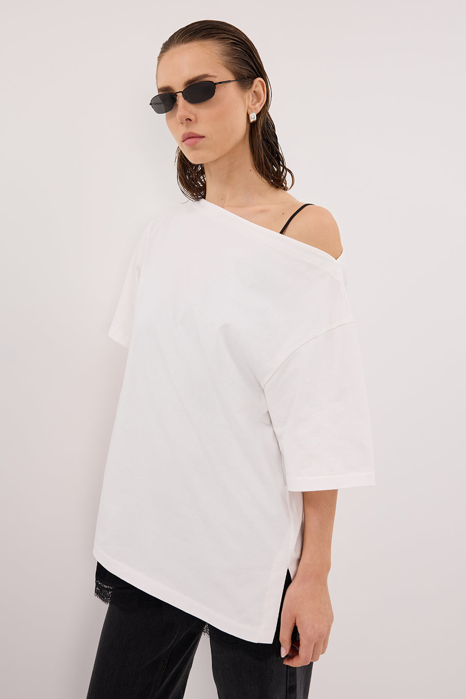 ESME WHITE ASYM BOAT NECK TEE
