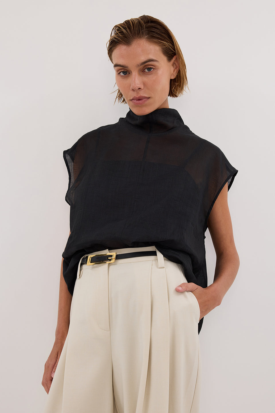 CARMEL BLACK RAMIE FUNNEL NECK TOP