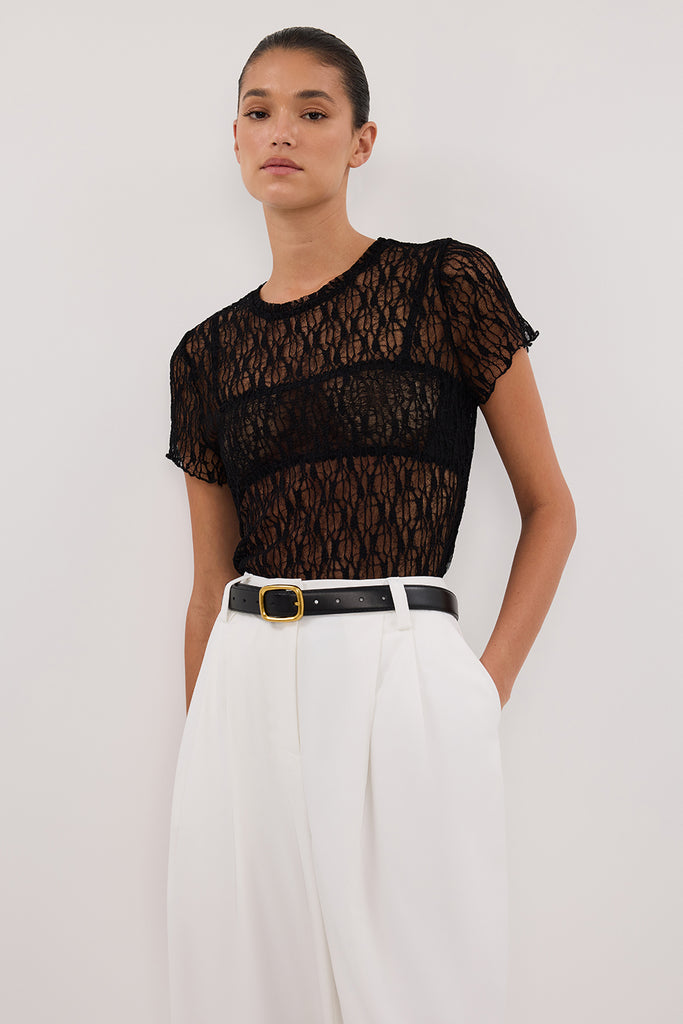 LIZZIE BLACK LACE CAP SLEEVE TOP | Dissh