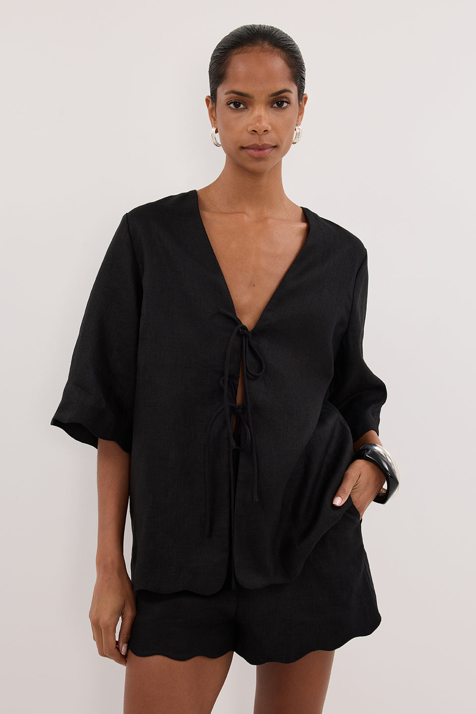 LELA BLACK SHORT SLEEVE LINEN SHIRT