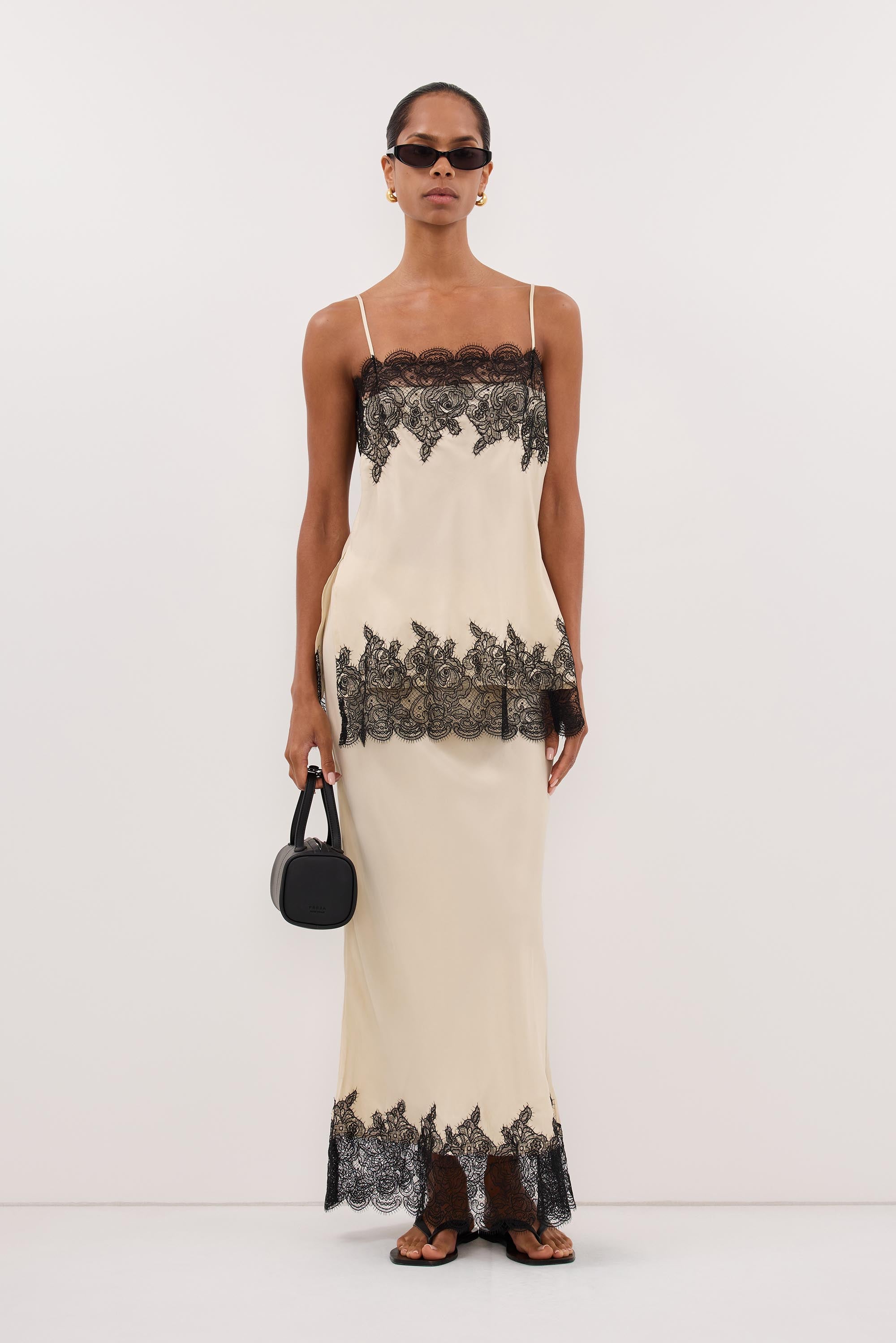 v neck ruffle hem cape large hemline midi dress beige Mina Cupro Lace Midi Skirt in Straw By DISSH