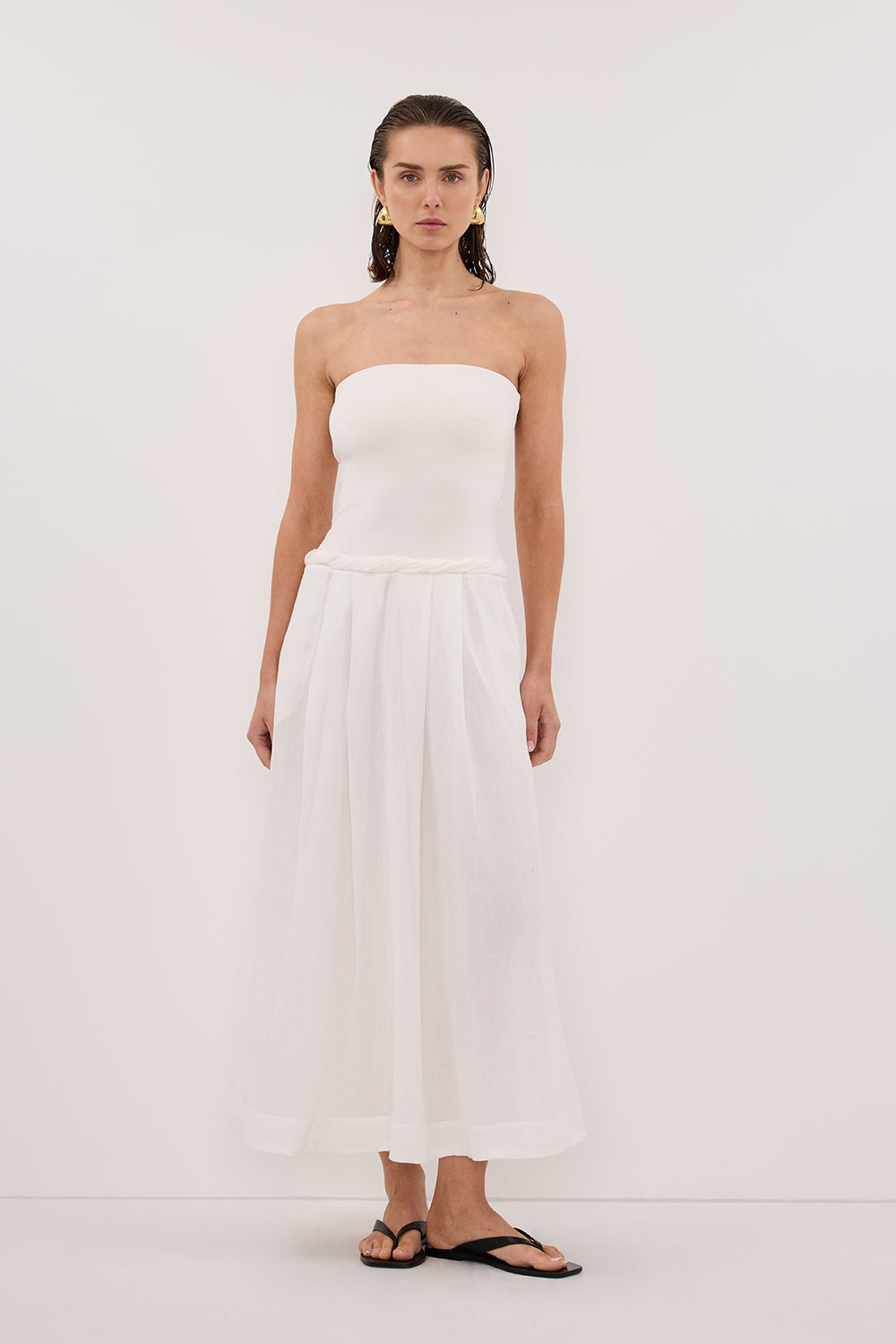 Coco Strapless Hyrbid Midi Dress in White By DISSH Coco Strapless Hyrbid Midi Dress in White By DISSH