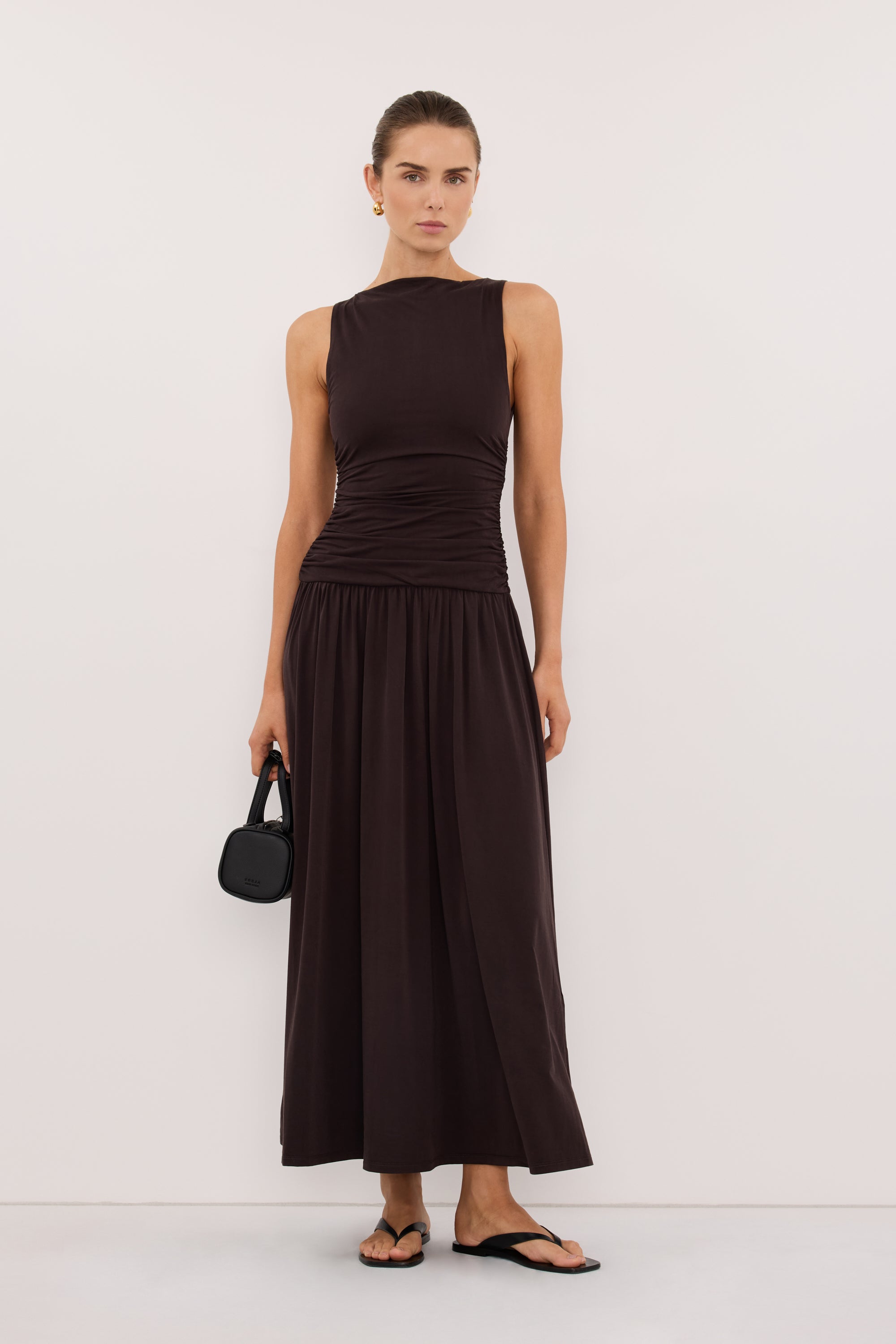 MEG BURNT CHOC S/LESS MIDI DRESS