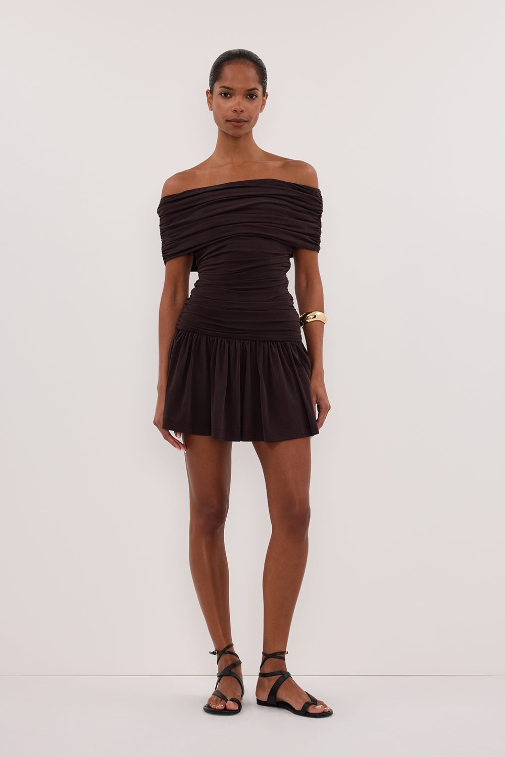 Fez Off Shoulder Mini Dress in Burnt Choc By DISSH Fez Off Shoulder Mini Dress in Burnt Choc By DISSH