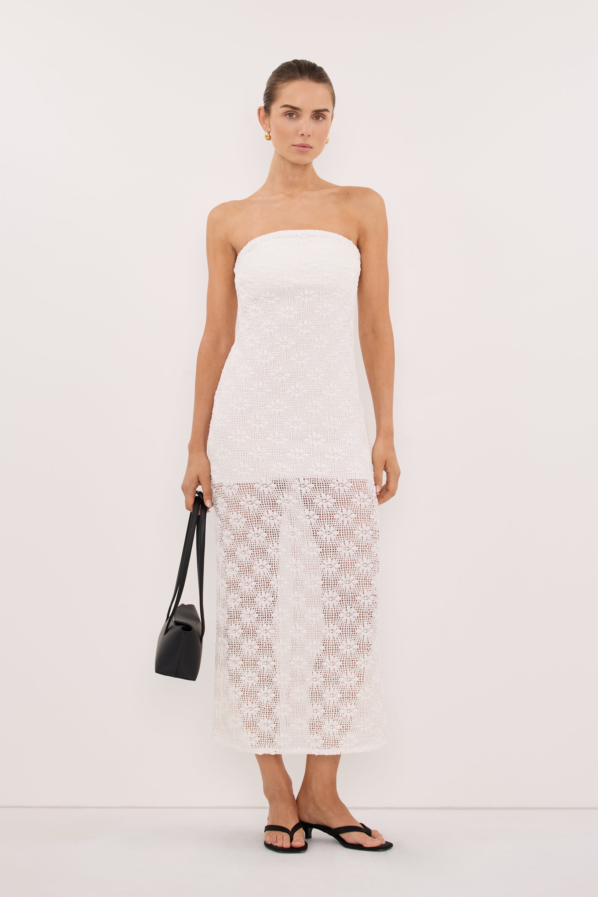 AGNES WHITE CROCHET STRAPLESS DRESS – DISSH