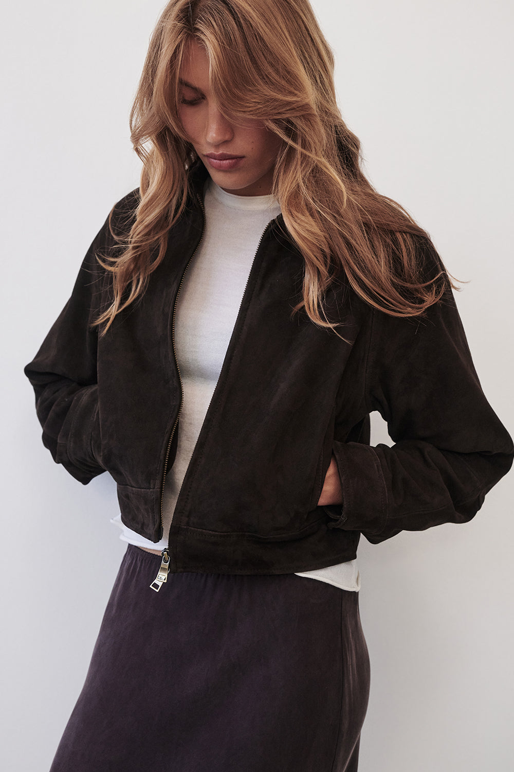 MAEVE B.CHOC SUEDE CROPPED JACKET – DISSH