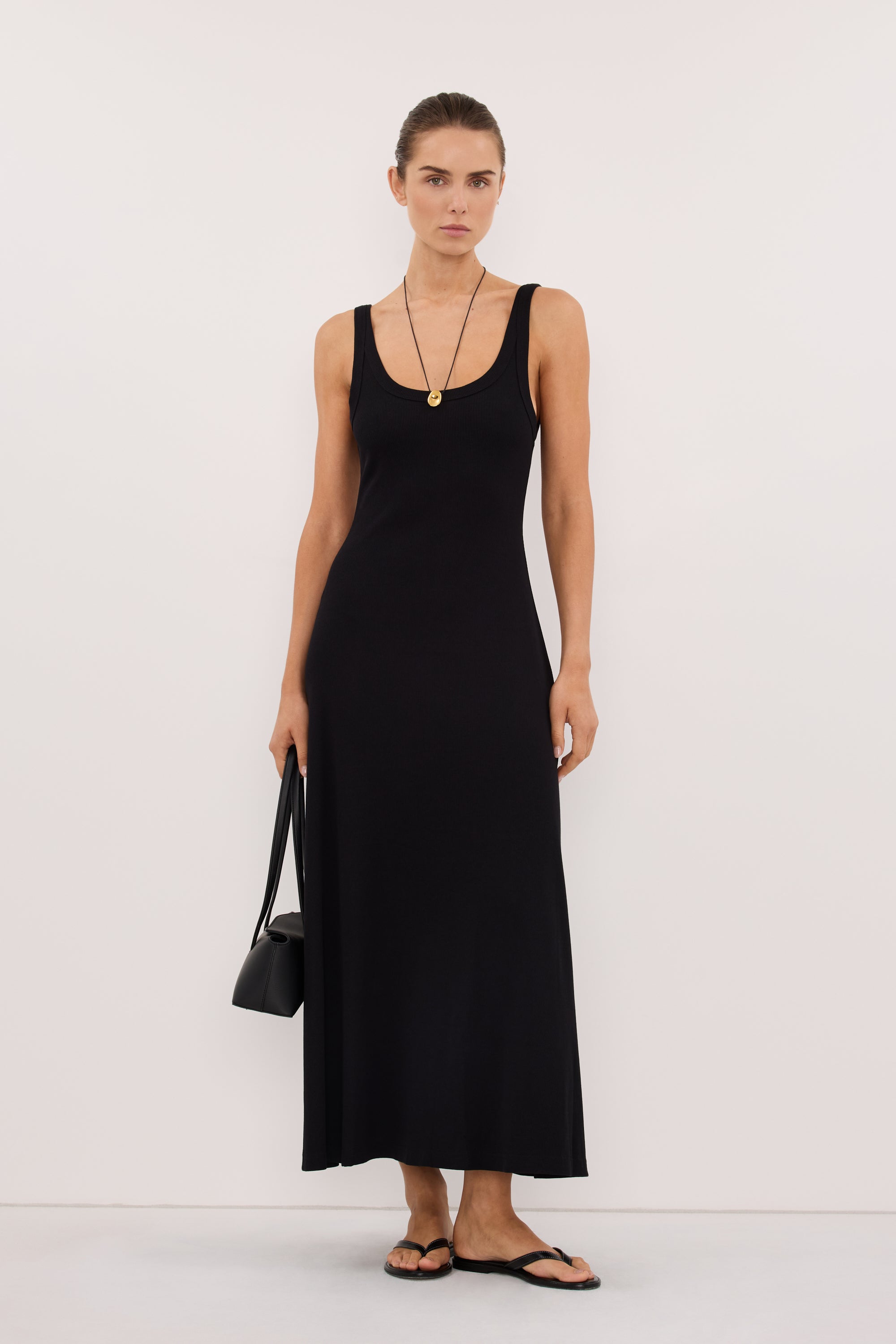 scoop neck black midi dress Phoebe Sleeveless Scoop Neck Midi Dress in Black By DISSH