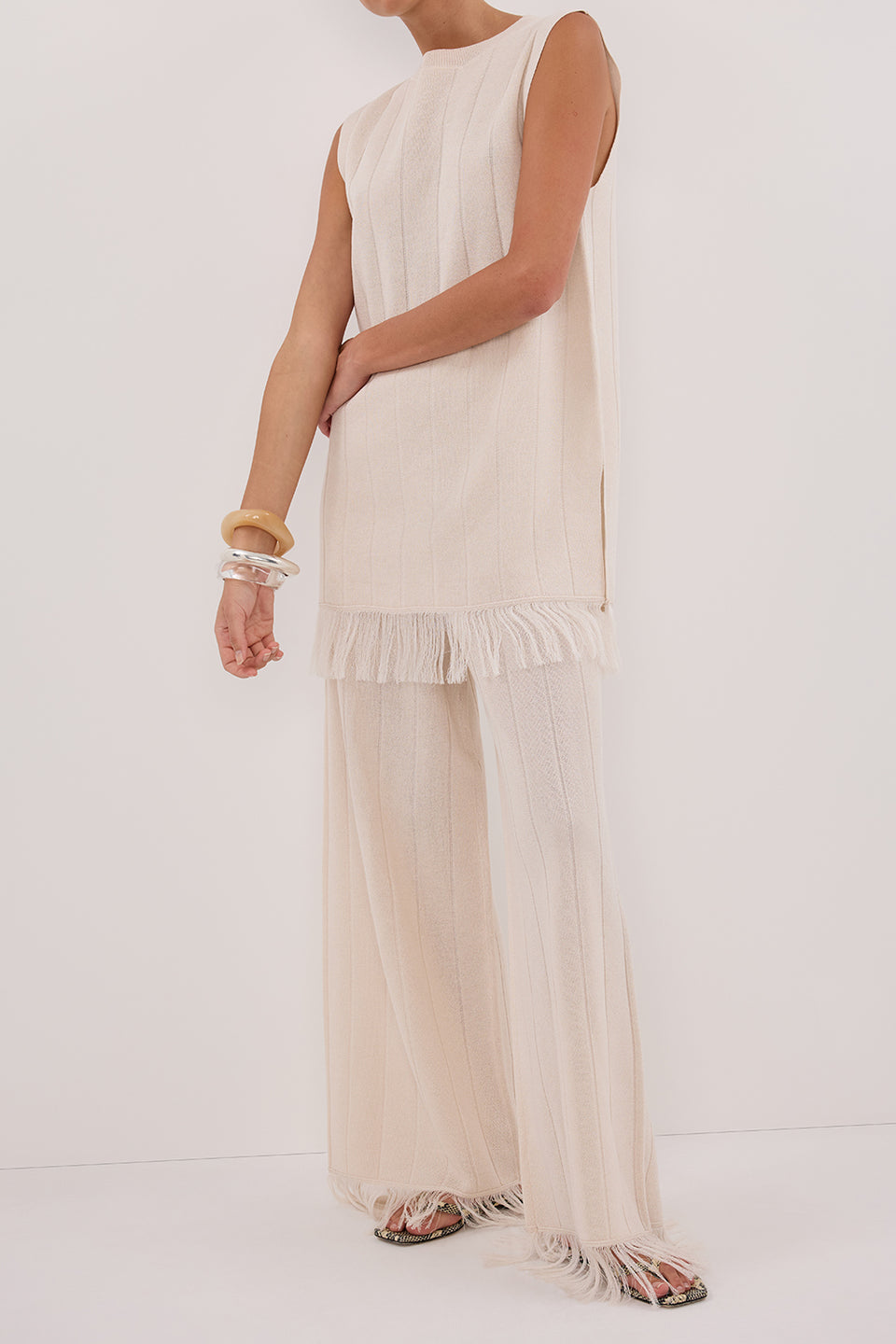 ARIA CREAM FRINGED KNIT PANT
