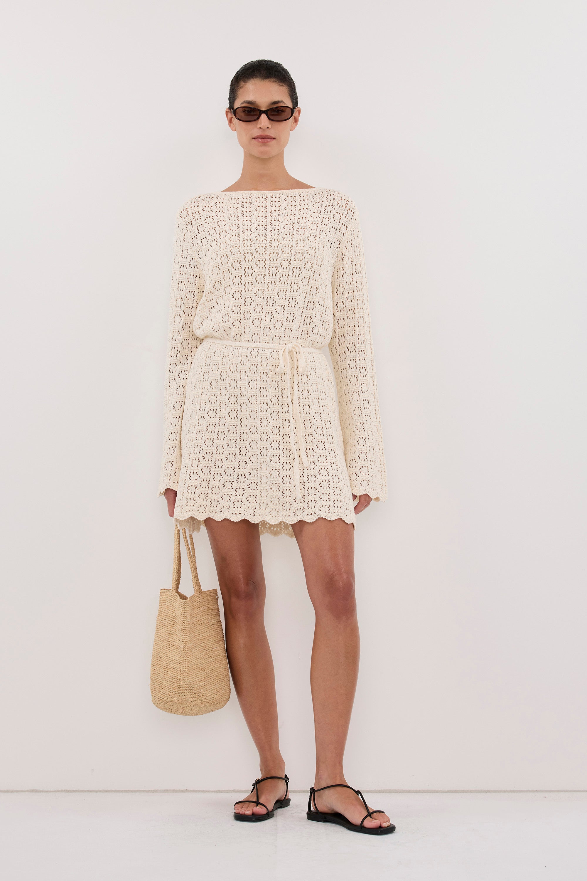 long sleeve knit mini dress Keira in Natural By DISSH How To Style A it features a deep Feature:100% LINEN Size:FR40 - US8 - UK12