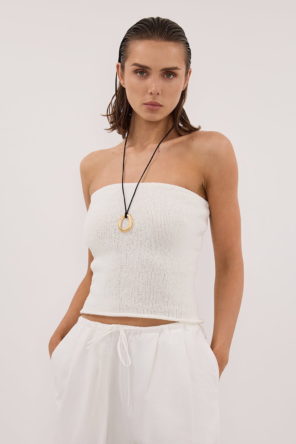 KARA OFF WHITE STRAPLESS BANDEAU KNIT TOP
