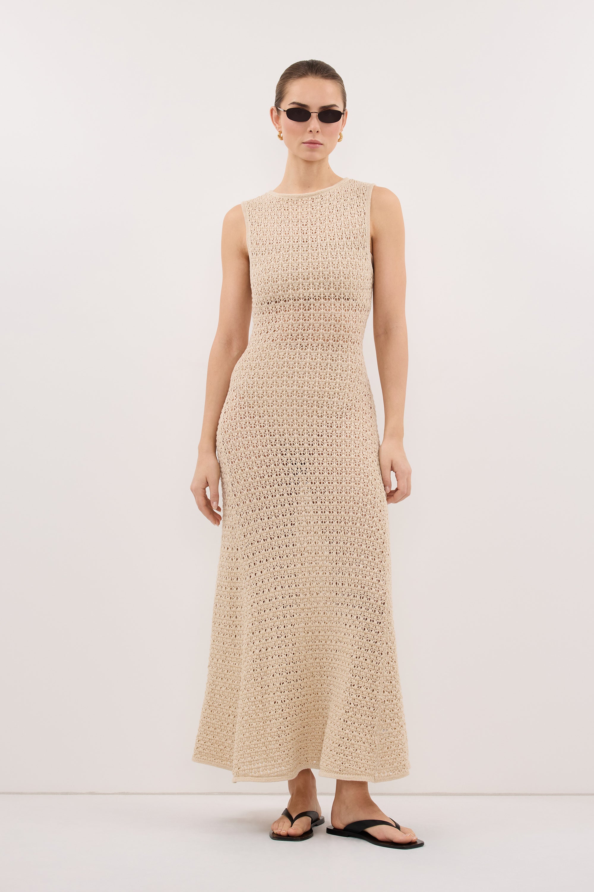 dissh knit maxi dress Halo in Natural By Long Sleeve Cut Out Centre back split at Color:Horizon Blue col_SS23