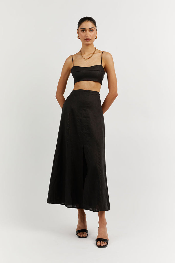 VIENNA BLACK LINEN CURVED CROP TOP | Dissh