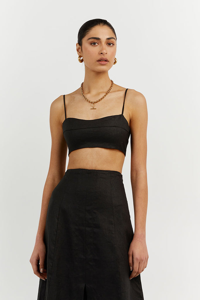 VIENNA BLACK LINEN CURVED CROP TOP | Dissh