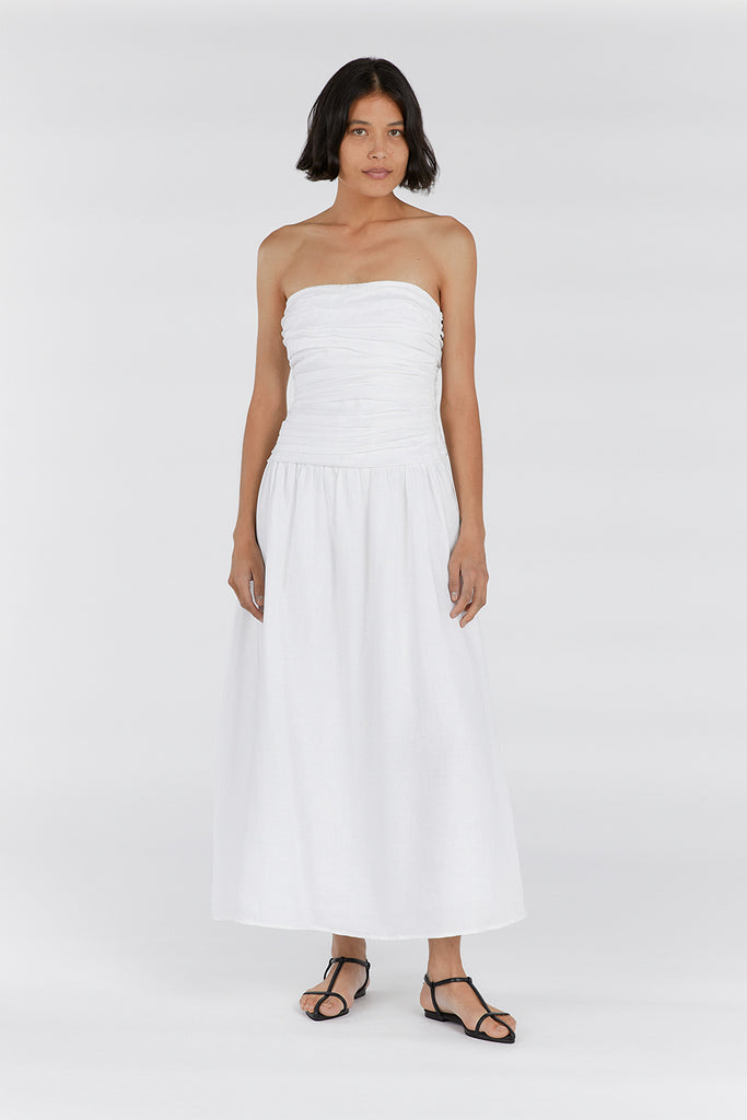 CATANIA WHITE LINEN STRAPLESS DRESS | Dissh