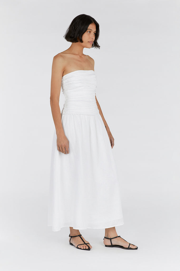 CATANIA WHITE LINEN STRAPLESS DRESS | Dissh