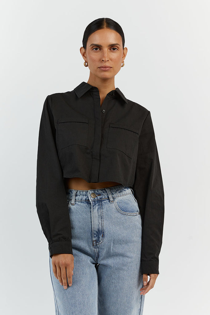 JORDY BLACK COTTON CROPPED SHIRT