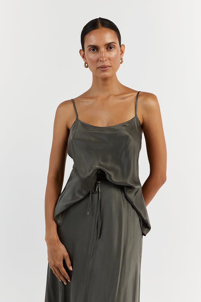 Olivia Satin Cami Slip Dress in Dark Olive