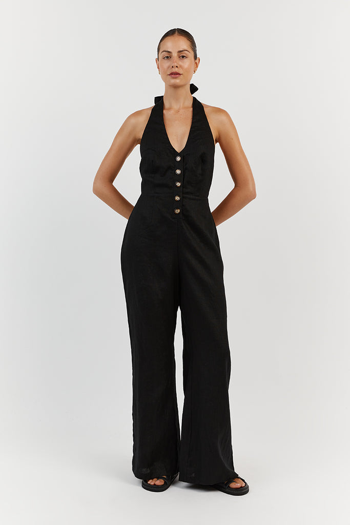 LOGAN BLACK LINEN JUMPSUIT | Dissh